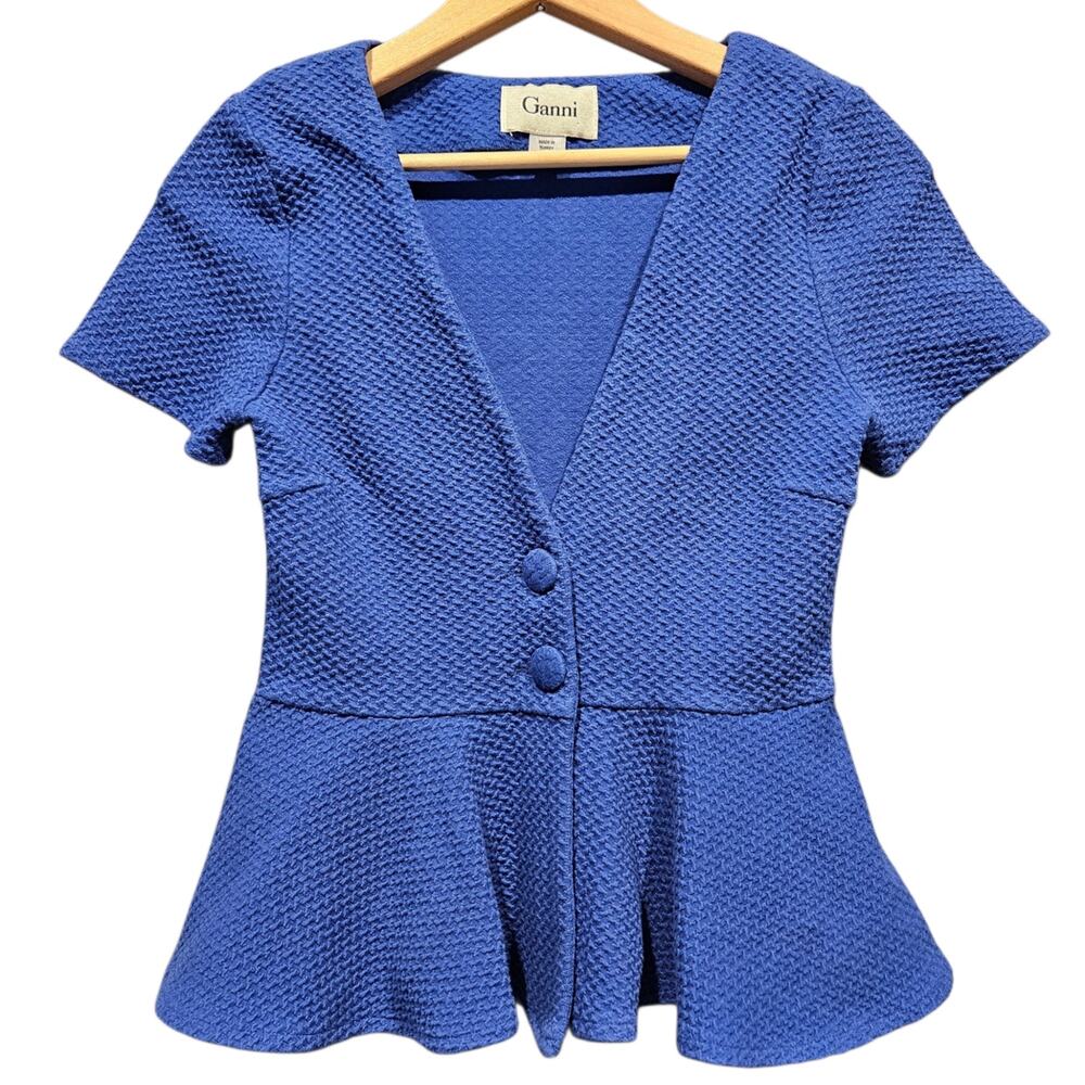 NWOT Ganni Anthropologie Peplum Blue Short Sleeve Blouse V-Neck Top Buttons XS - Picture 6 of 14